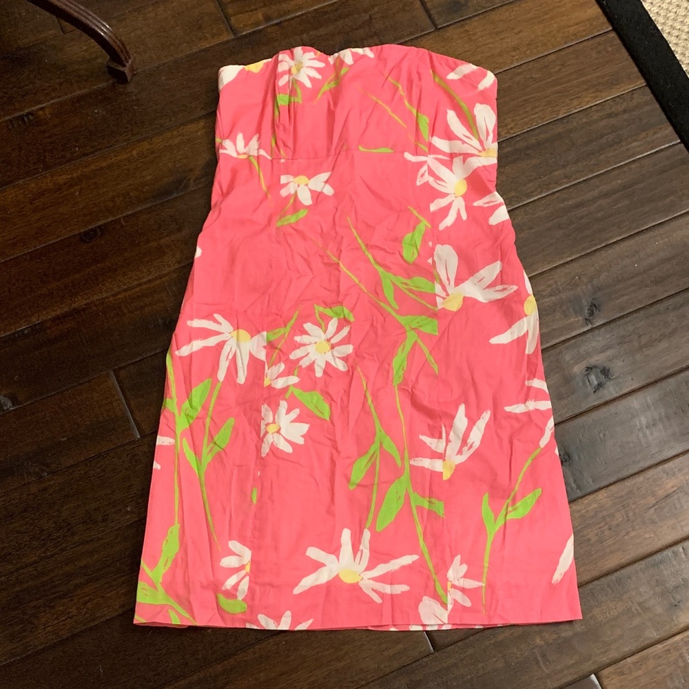 Lilly Pulitzer Pink, White, Green, and Yellow Strapless Cotton Dress
